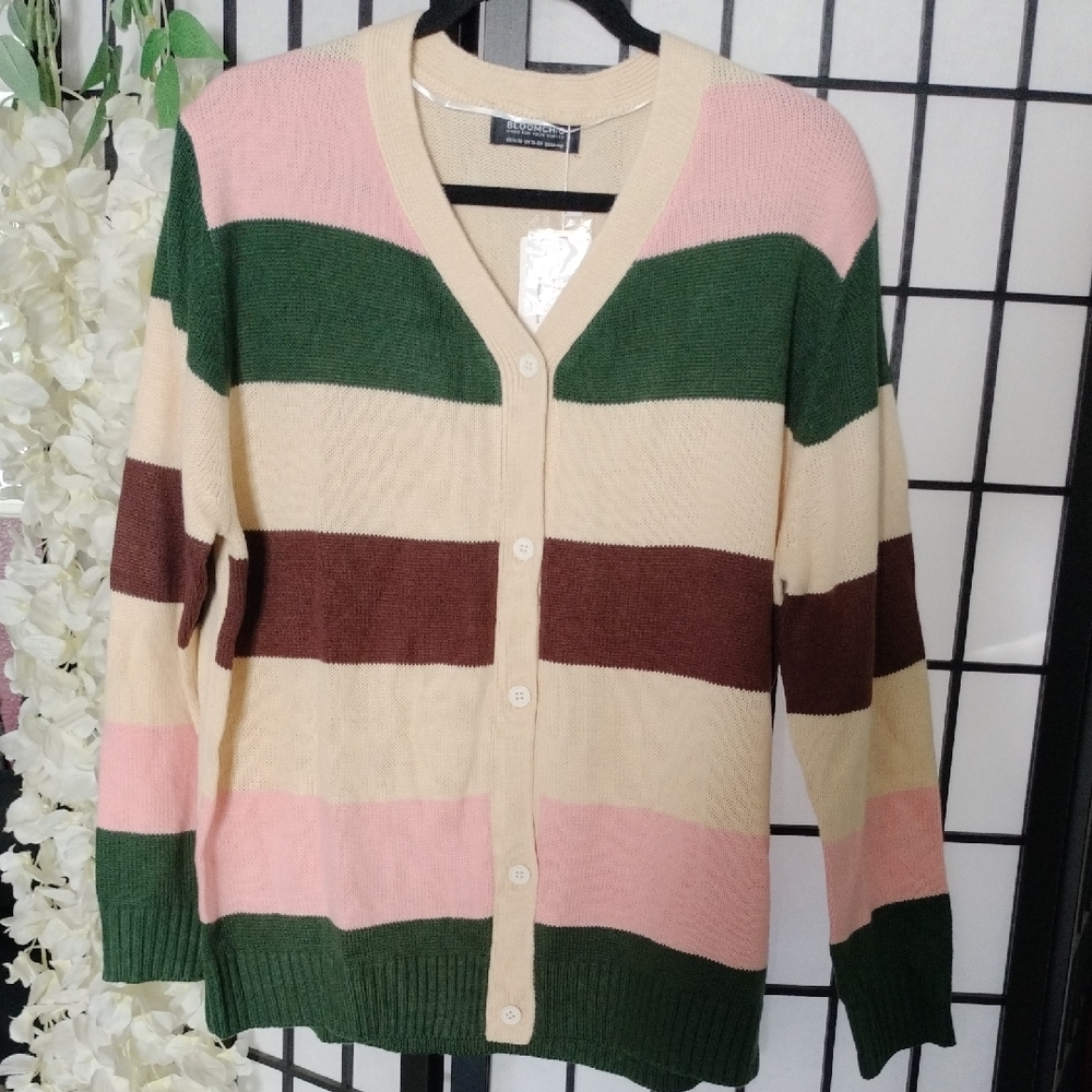 Bloomchic Striped V‑Neck Button Cardigan - Pink, Green, Cream, Brown